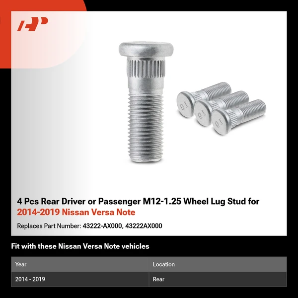 4 Pcs Rear Driver or Passenger M12-1.25 Wheel Lug Stud for 2014-2019 Nissan Versa Note