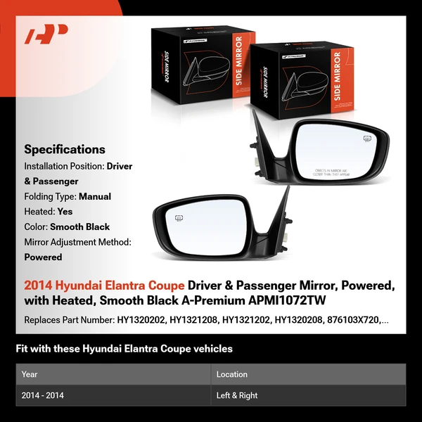2014 Hyundai Elantra Coupe Driver & Passenger Mirror, Powered, with Heated, Smooth Black A-Premium APMI1072TW