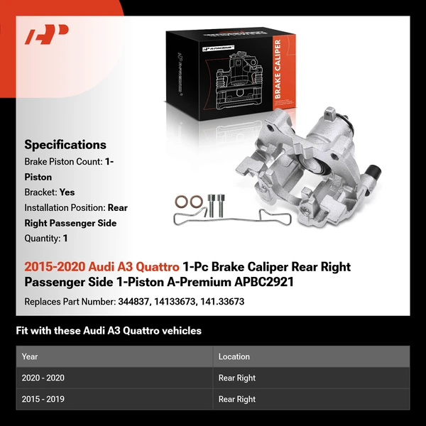 2015-2020 Audi A3 Quattro 1-Pc Brake Caliper Rear Right Passenger Side 1-Piston A-Premium APBC2921