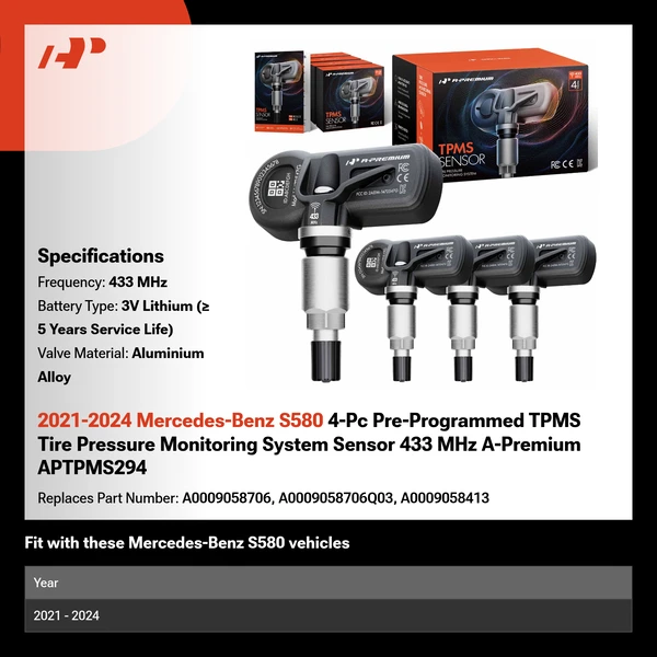 2021-2024 Mercedes-Benz S580 4-Pc Pre-Programmed TPMS Tire Pressure Monitoring System Sensor 433 MHz A-Premium APTPMS294
