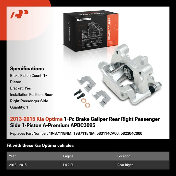 2013-2015 Kia Optima 1-Pc Brake Caliper Rear Right Passenger Side 1-Piston A-Premium APBC3095