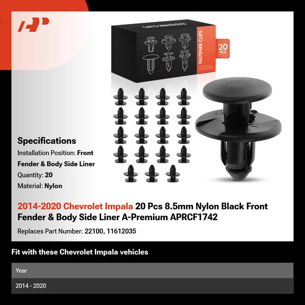 2014-2020 Chevrolet Impala 20 Pcs 8.5mm Nylon Black Front Fender & Body Side Liner A-Premium APRCF1742