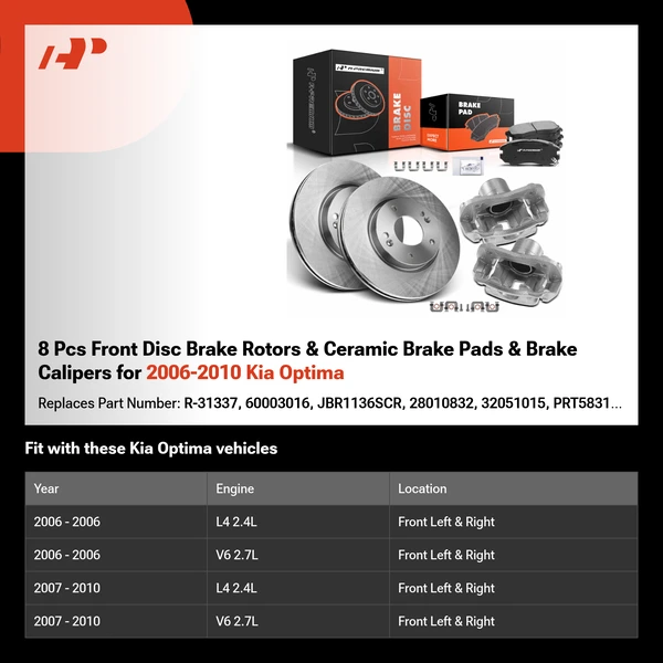 8 Pcs Front Disc Brake Rotors & Ceramic Brake Pads & Brake Calipers for 2006-2010 Kia Optima