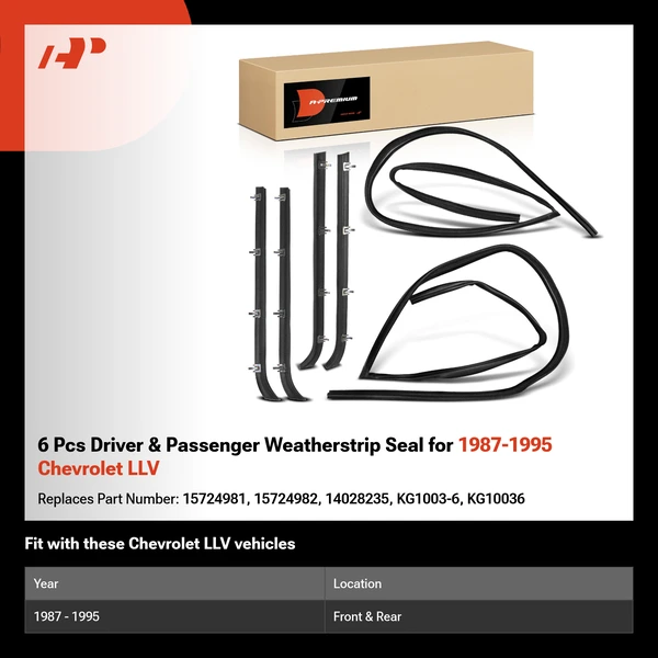 6 Pcs Driver & Passenger Weatherstrip Seal for 1987-1995 Chevrolet LLV