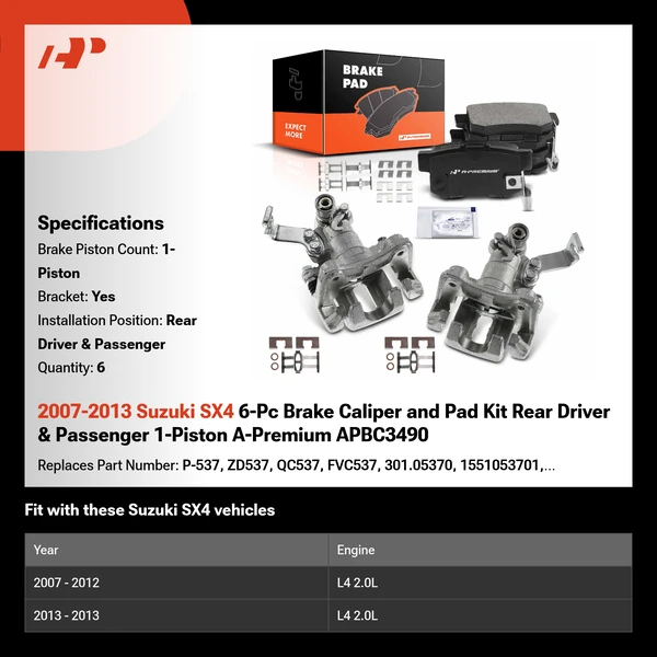 2007-2013 Suzuki SX4 6-Pc Brake Caliper and Pad Kit Rear Driver & Passenger 1-Piston A-Premium APBC3490