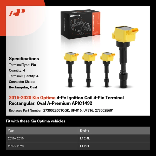 2016-2020 Kia Optima 4-Pc Ignition Coil 4-Pin Terminal Rectangular, Oval A-Premium APIC1492