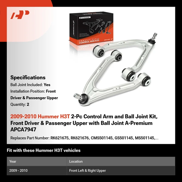 2009-2010 Hummer H3T 2-Pc Control Arm and Ball Joint Kit, Front Driver & Passenger Upper with Ball Joint A-Premium APCA7947