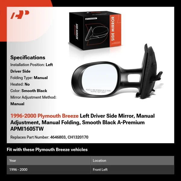 1996-2000 Plymouth Breeze Left Driver Side Mirror, Manual Adjustment, Manual Folding, Smooth Black A-Premium APMI1605TW