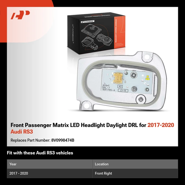 Front Passenger Matrix LED Headlight Daylight DRL for 2017-2020 Audi RS3