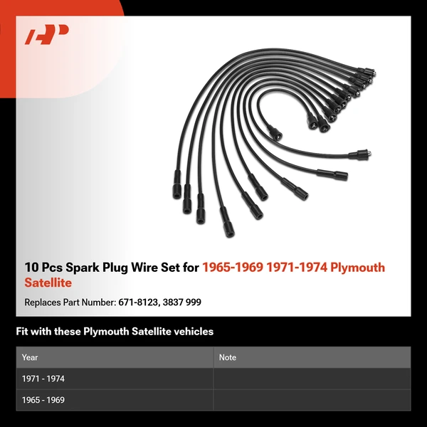 10 Pcs Spark Plug Wire Set for 1965-1969 1971-1974 Plymouth Satellite