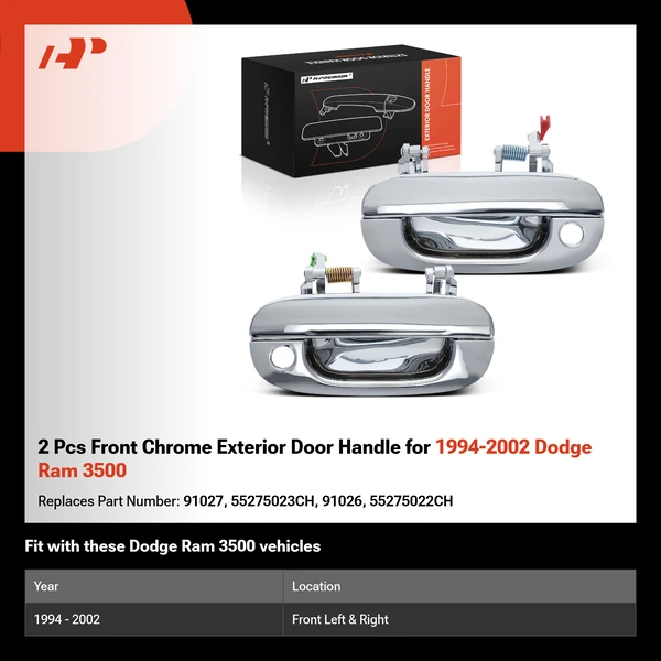 2 Pcs Front Chrome Exterior Door Handle for 1994-2002 Dodge Ram 3500