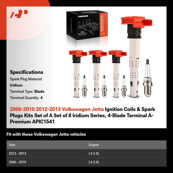 2006-2010 2012-2013 Volkswagen Jetta Ignition Coils & Spark Plugs Kits Set of A Set of 8 Iridium Series, 4-Blade Terminal A-Premium APIC1541