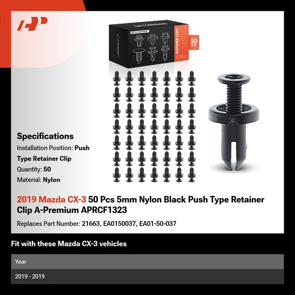 2019 Mazda CX-3 50 Pcs 5mm Nylon Black Push Type Retainer Clip A-Premium APRCF1323