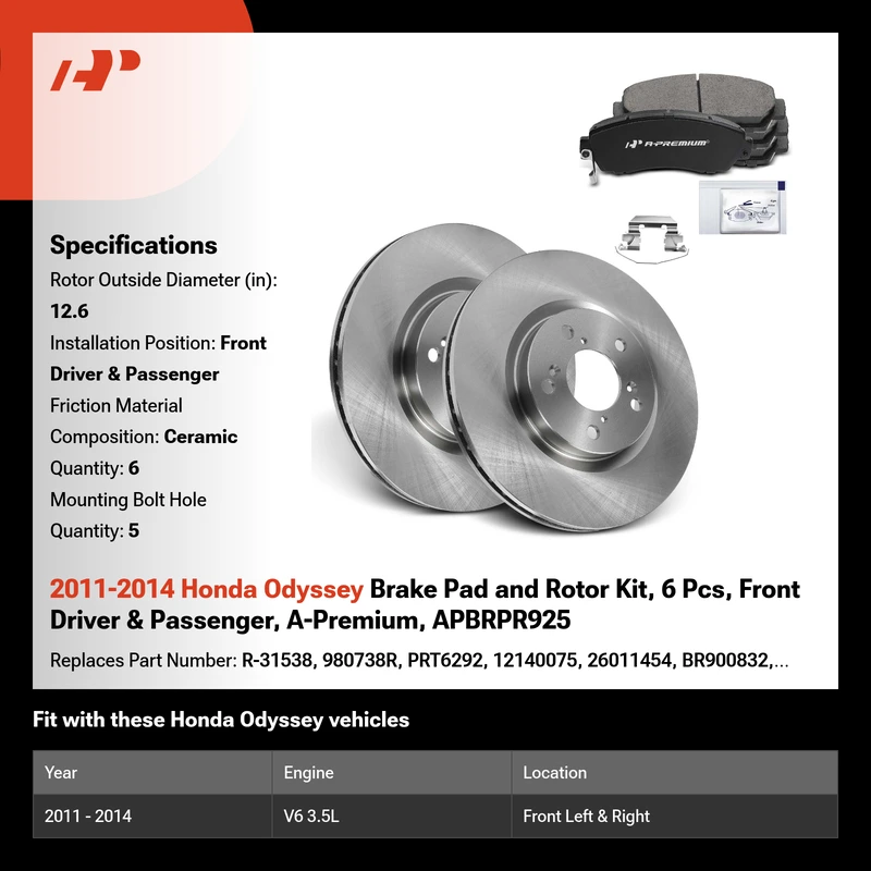 2011-2014 Honda Odyssey Brake Pad and Rotor Kit, 6 Pcs, Front Driver & Passenger, A-Premium, APBRPR925