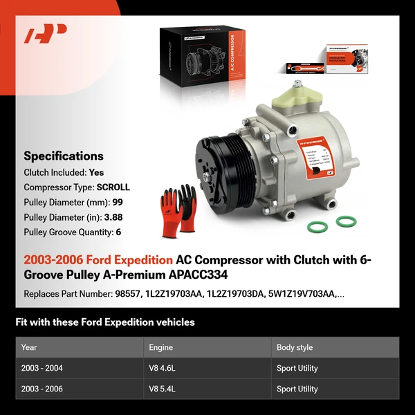 2003-2006 Ford Expedition AC Compressor with Clutch with 6-Groove Pulley A-Premium APACC334
