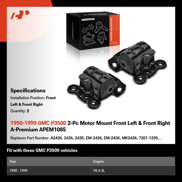 1990-1999 GMC P3500 2-Pc Motor Mount Front Left & Front Right A-Premium APEM1085
