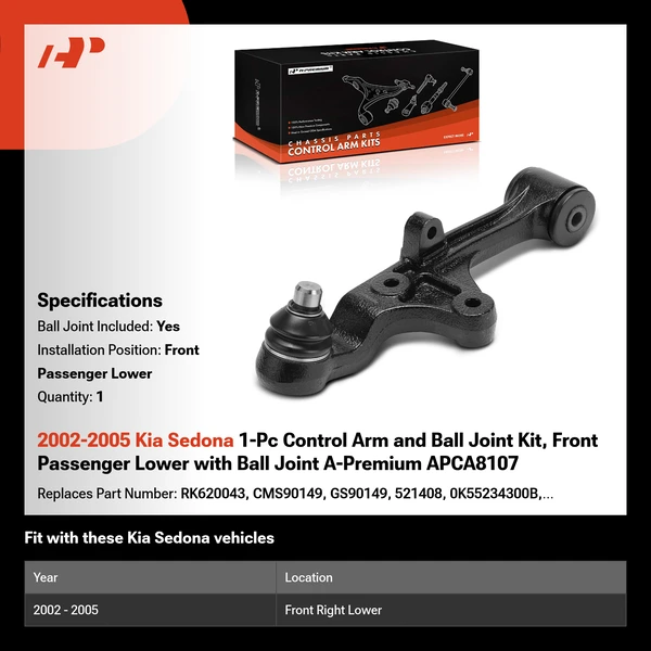 2002-2005 Kia Sedona 1-Pc Control Arm and Ball Joint Kit, Front Passenger Lower with Ball Joint A-Premium APCA8107