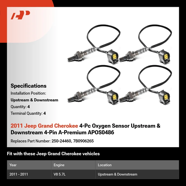 2011 Jeep Grand Cherokee 4-Pc Oxygen Sensor Upstream & Downstream 4-Pin A-Premium APOS0486