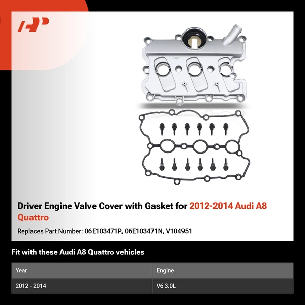Driver Engine Valve Cover with Gasket for 2012-2014 Audi A8 Quattro