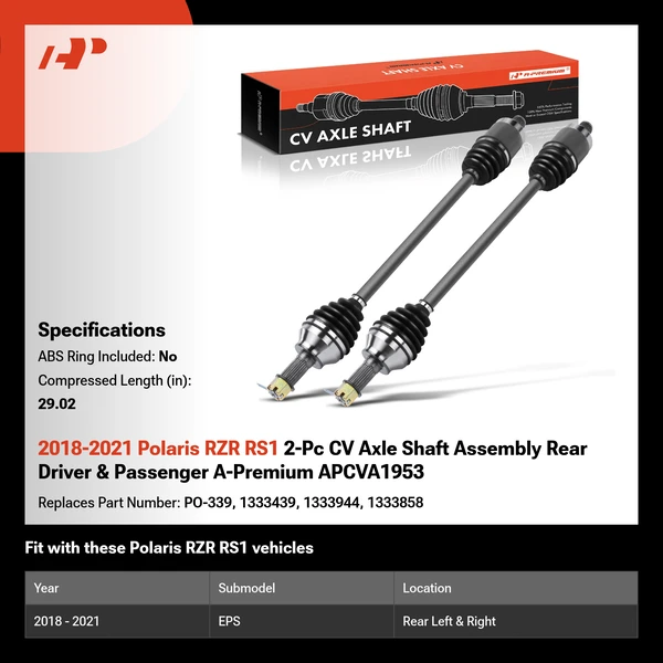 2018-2021 Polaris RZR RS1 2-Pc CV Axle Shaft Assembly Rear Driver & Passenger A-Premium APCVA1953
