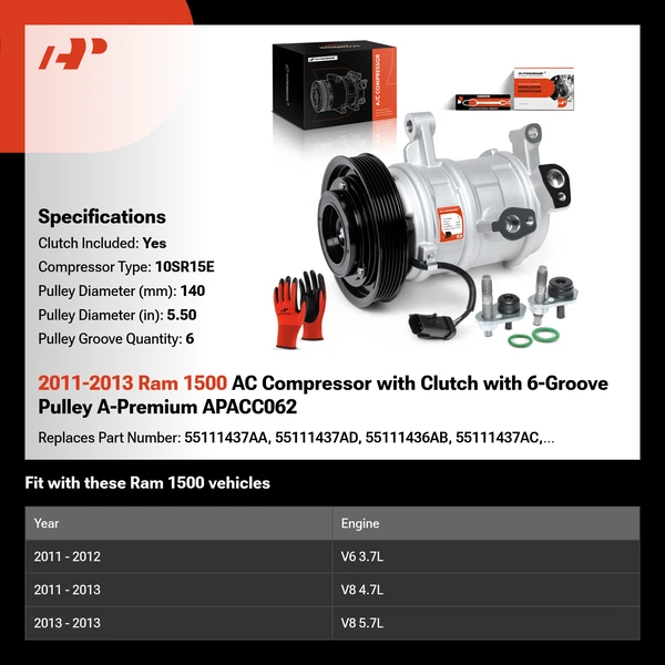 2011-2013 Ram 1500 AC Compressor with Clutch with 6-Groove Pulley A-Premium APACC062