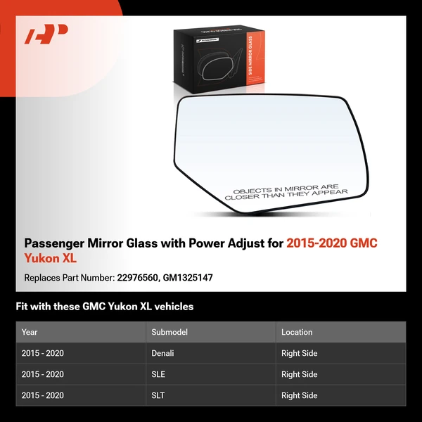 Passenger Mirror Glass with Power Adjust for 2015-2020 GMC Yukon XL