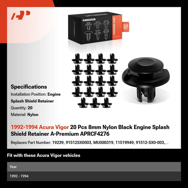 1992-1994 Acura Vigor 20 Pcs 8mm Nylon Black Engine Splash Shield Retainer A-Premium APRCF4276