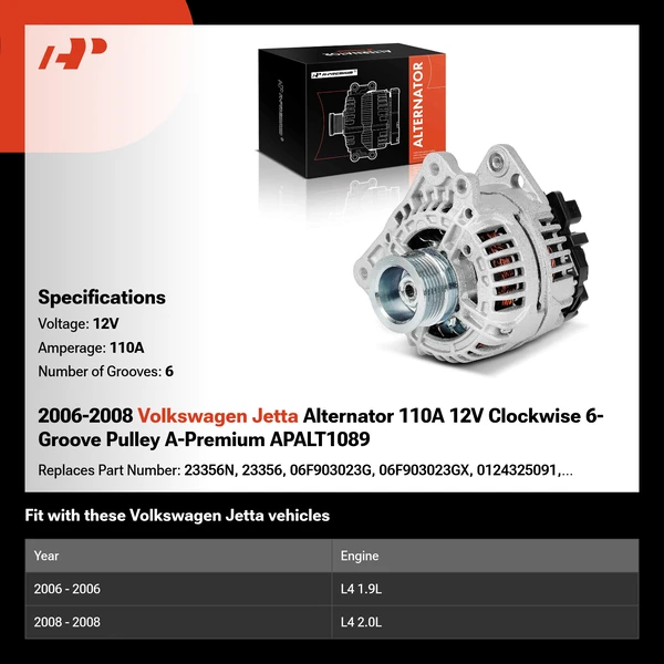 2006-2008 Volkswagen Jetta Alternator 110A 12V Clockwise 6-Groove Pulley A-Premium APALT1089