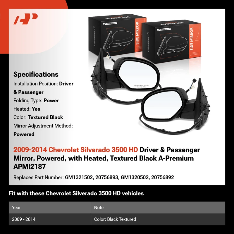 2009-2014 Chevrolet Silverado 3500 HD Driver & Passenger Mirror, Powered, with Heated, Textured Black A-Premium APMI2187