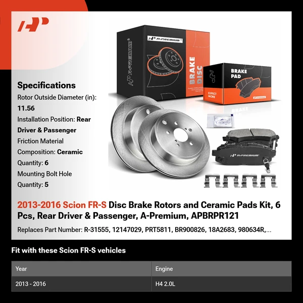 2013-2016 Scion FR-S Disc Brake Rotors and Ceramic Pads Kit, 6 Pcs, Rear Driver & Passenger, A-Premium, APBRPR121