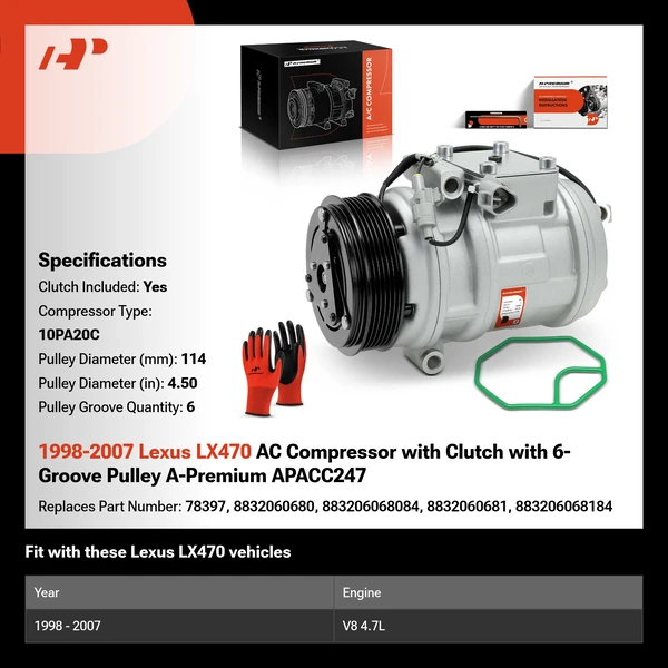 1998-2007 Lexus LX470 AC Compressor with Clutch with 6-Groove Pulley A-Premium APACC247