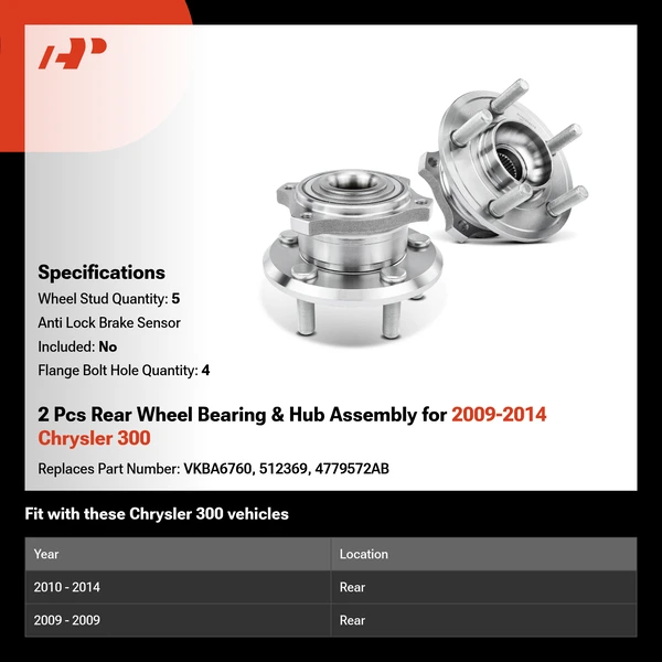 2 Pcs Rear Wheel Bearing & Hub Assembly for 2009-2014 Chrysler 300