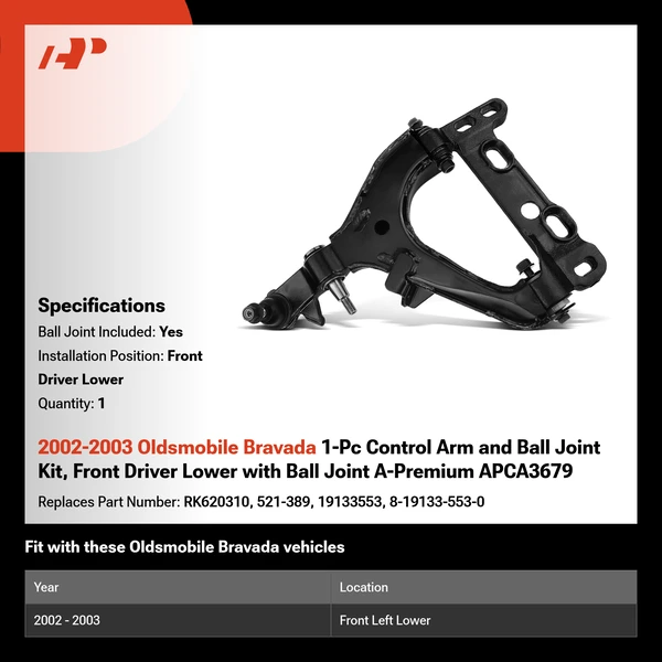 2002-2003 Oldsmobile Bravada 1-Pc Control Arm and Ball Joint Kit, Front Driver Lower with Ball Joint A-Premium APCA3679