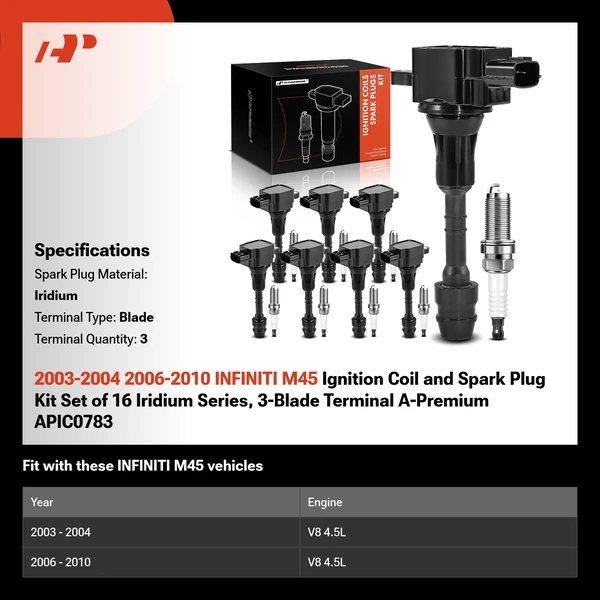 2003-2004 2006-2010 INFINITI M45 Ignition Coil and Spark Plug Kit Set of 16 Iridium Series, 3-Blade Terminal A-Premium APIC0783
