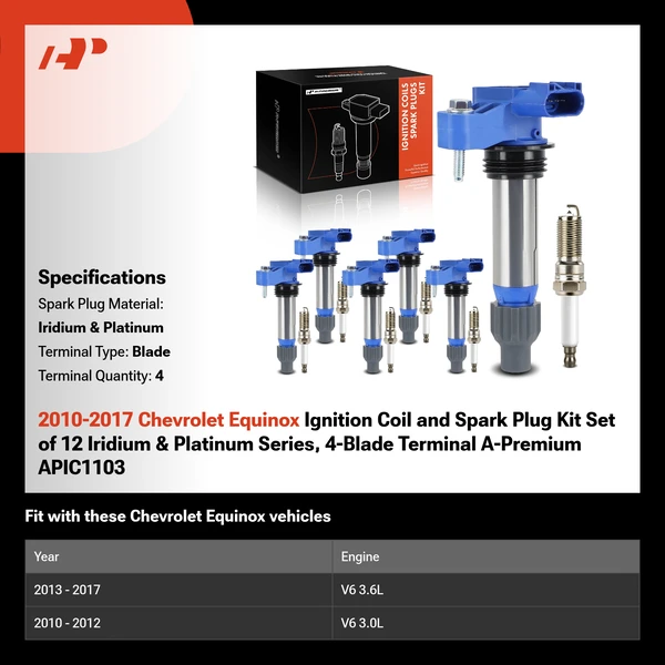 2010-2017 Chevrolet Equinox Ignition Coil and Spark Plug Kit Set of 12 Iridium & Platinum Series, 4-Blade Terminal A-Premium APIC1103