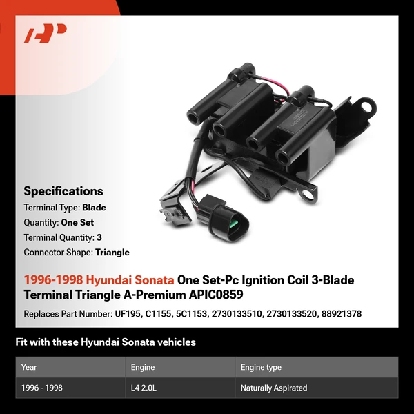 1996-1998 Hyundai Sonata One Set-Pc Ignition Coil 3-Blade Terminal Triangle A-Premium APIC0859