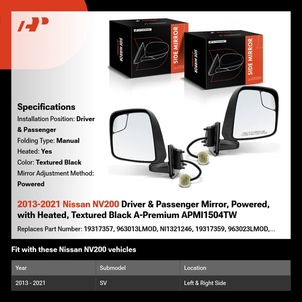 2013-2021 Nissan NV200 Driver & Passenger Mirror, Powered, with Heated, Textured Black A-Premium APMI1504TW