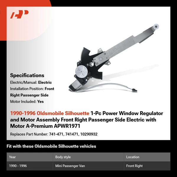 1990-1996 Oldsmobile Silhouette 1-Pc Power Window Regulator and Motor Assembly Front Right Passenger Side Electric with Motor A-Premium APWR1971