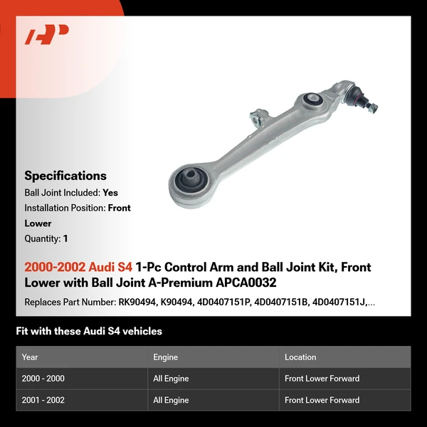 2000-2002 Audi S4 1-Pc Control Arm and Ball Joint Kit, Front Lower with Ball Joint A-Premium APCA0032