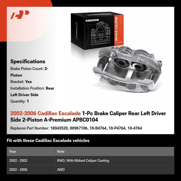 2002-2006 Cadillac Escalade 1-Pc Brake Caliper Rear Left Driver Side 2-Piston A-Premium APBC0104