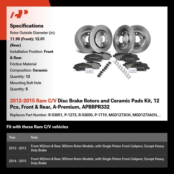 2012-2015 Ram C/V Disc Brake Rotors and Ceramic Pads Kit, 12 Pcs, Front & Rear, A-Premium, APBRPR332