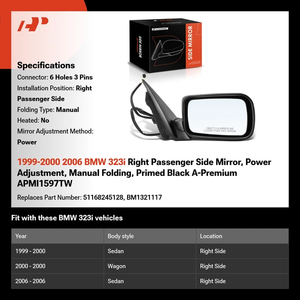 1999-2000 2006 BMW 323i Right Passenger Side Mirror, Power Adjustment, Manual Folding, Primed Black A-Premium APMI1597TW