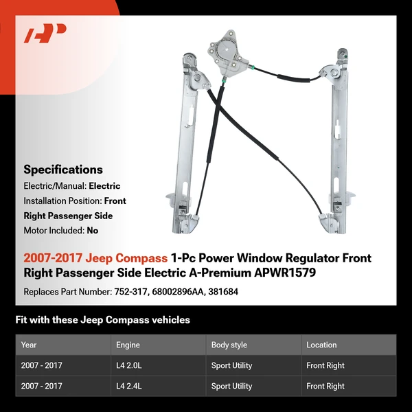 2007-2017 Jeep Compass 1-Pc Power Window Regulator Front Right Passenger Side Electric A-Premium APWR1579