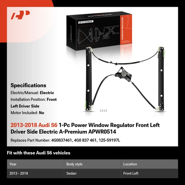2013-2018 Audi S6 1-Pc Power Window Regulator Front Left Driver Side Electric A-Premium APWR0514