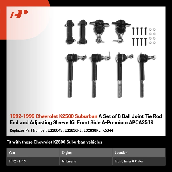 1992-1999 Chevrolet K2500 Suburban A Set of 8 Ball Joint Tie Rod End and Adjusting Sleeve Kit Front Side A-Premium APCA2519