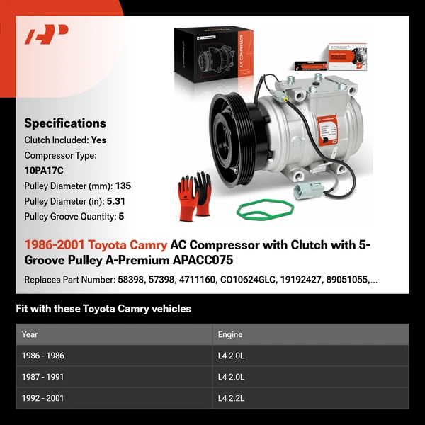 1986-2001 Toyota Camry AC Compressor with Clutch with 5-Groove Pulley A-Premium APACC075