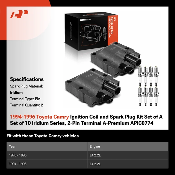 1994-1996 Toyota Camry Ignition Coil and Spark Plug Kit Set of A Set of 10 Iridium Series, 2-Pin Terminal A-Premium APIC0774