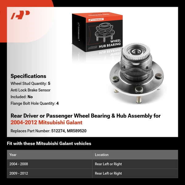 Rear Driver or Passenger Wheel Bearing & Hub Assembly for 2004-2012 Mitsubishi Galant