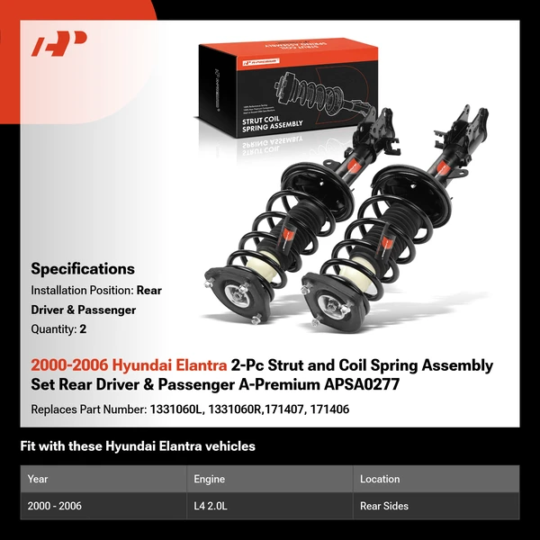 2000-2006 Hyundai Elantra 2-Pc Strut and Coil Spring Assembly Set Rear Driver & Passenger A-Premium APSA0277