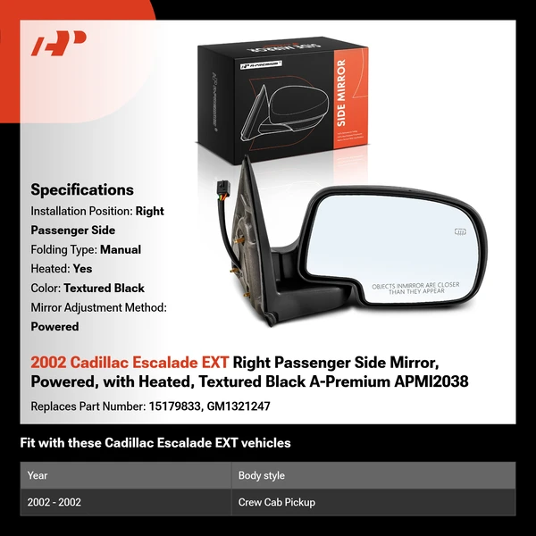 2002 Cadillac Escalade EXT Right Passenger Side Mirror, Powered, with Heated, Textured Black A-Premium APMI2038